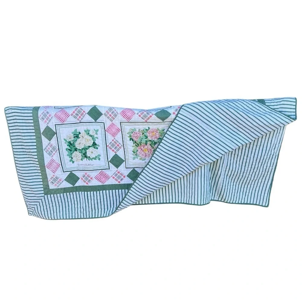 VTG Garden Block Quilt Floral Striped Reversible Hand Sewn Pink Green 82x84 FLAW